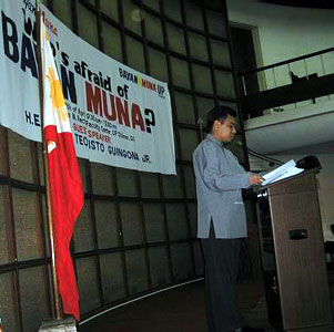 Master of ceremonies, Who's Afraid of Bayan Muna? on 27 April 2004 at the UP Faculty Center Bulwagang Recto