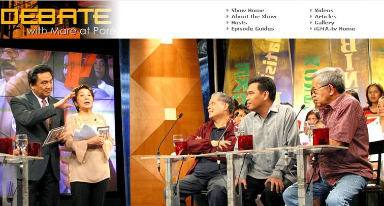 That's me with Debate with Mare at Pare (GMA 7) hosts Oscar Orbos and Winnie Monsod and co-panelists Rene Saguisag and Jake Macasaet on March 16, 2006.